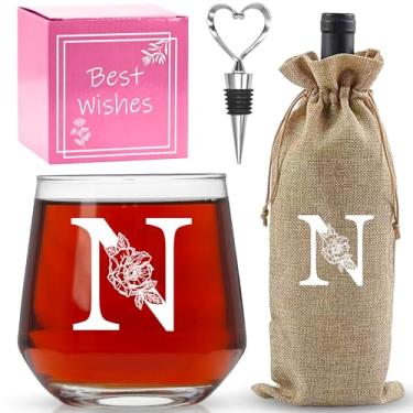 Imagem de AiHeart Presentes personalizados para mulheres, taças de vinho com monograma A-Z, presentes para mulheres, taça de vinho para caixa de presente, presentes de aniversário para mãe, irmã, avó-N