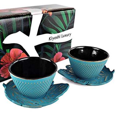 Imagem de Conjunto de xícaras de chá japonesas de luxo com 4 peças KIYOSHI Conjunto de xícaras de chá de ferro fundido turquesa/dourado, 2 xícaras de chá e pires. Conjunto de xícaras de 113 g para qualquer conjunto de chá ou bule japonês.