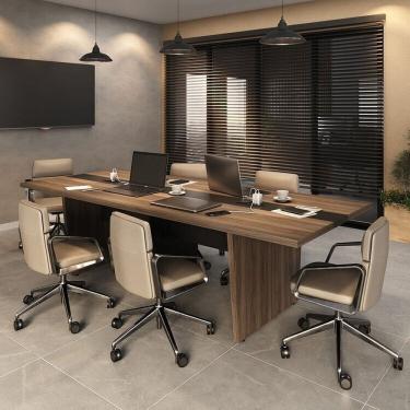 Imagem de Kit Mesa Reunião Escritório 6 Lugares Com 1 Módulo P/Extensão, Caixa De Tomada, TampoTamburato 50mm Nogal/Preto