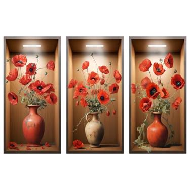 Imagem de sacinora Adesivos de parede de flores de vaso de papoula vermelha, decalques de parede de arte floral 3D removíveis de vinil para sala de estar quarto sofá TV fundo arte de escritório decorações de