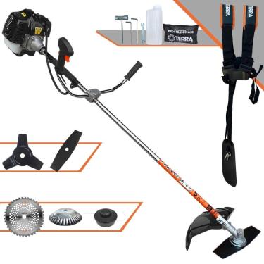 Imagem de Roçadeira À Gasolina Terra GRH520 52cc 2T 2,5HP de Potência Com 5 Opções de Corte Com Carretel Nylon + 3 Facas + Escova de Aço Para Pavers e Concreto