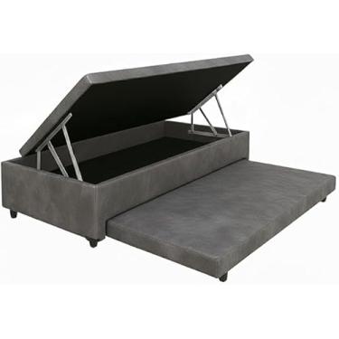 Imagem de Cama Box Báu Solteiro C/Auxiliar com espuma de 6cm, Com Pistão a Gás, Suporta 200kg (Suede Cinza)