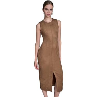 Imagem de BCBG Vestido feminino midi sem mangas com fenda frontal e gola redonda, Camelo, 50