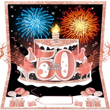 Imagem de Uiorgui Cartões de aniversário de 50 anos pop up bolo 3D cartão feliz 50º aniversário vela soprável fogos de artifício e luzes e cartões musicais presentes para mulheres de 50 anos esposa mãe irmãs