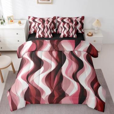 Imagem de Erosebridal Conjunto de edredom solteiro listrado vermelho e preto, 7 peças, cama abstrata geométrica moderna em uma bolsa para mulheres e homens, roupa de cama minimalista com listras fluidas fluidas