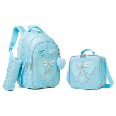Imagem de Conjunto de Mochila Infantil 3 Peças, Corações e Laço, Mochila Escolar com Bolsa Térmica e Estojo (Azul)