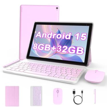 Imagem de Tablet Android 15 de 10 polegadas, tablet 2 em 1 com teclado. 8 GB de RAM + 32 GB de ROM, compatível com tablets expansíveis de 1 TB, CPU Quad-Core, tela HD, BT, WiFi, tablets de longa duração da