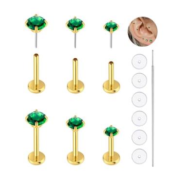 Imagem de KaseStyle Brincos de 20 g com costas planas 18 G, revestimento de ouro 24 K, 3 pares de brincos de cartilagem de titânio sem rosca 16G para mulheres, homens, tragus, concha, hélice, medusa, piercing