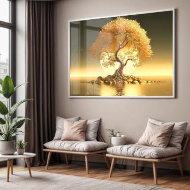 Imagem de Quadro com Moldura e Acrilico Cristal Vidro Sala Quarto Arvore Dourada Decorativo Horizontal Grande Hall