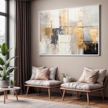 Imagem de Quadro com Moldura e Acrilico Cristal Vidro Sala Quarto Arte Abstrato Preto Cinza Dourado Textura Decorativo Horizontal Grande Hall