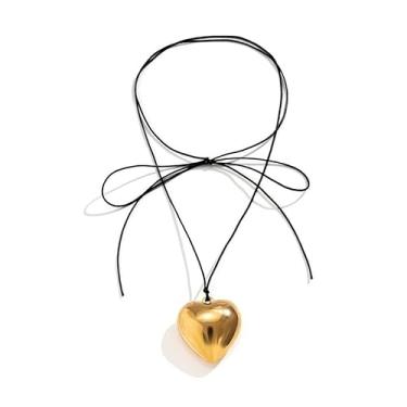 Imagem de Colar Coração Dourado Grande Liso Corda Couro Camurça Preto Delicado-Pingente Liso Amor Romântico Amarrar Cordinha Laço Voltas Pescoço-Presente Dia das Mãe Namorada Amiga Paixão Amarração Elegância