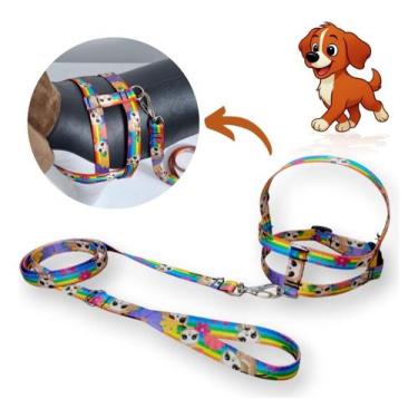 Imagem de Coleira Peitoral Lari Pet Com Guia Cães Seda Estampada N2, Arco Iris