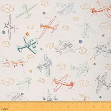Imagem de Tecido de avião colorido para meninos da The Yard 91,4 cm C x 149,9 cm L, tecido de estofamento de aviões de desenho animado infantil para cadeiras de costura de sofá, decoração de esboço de aeronaves
