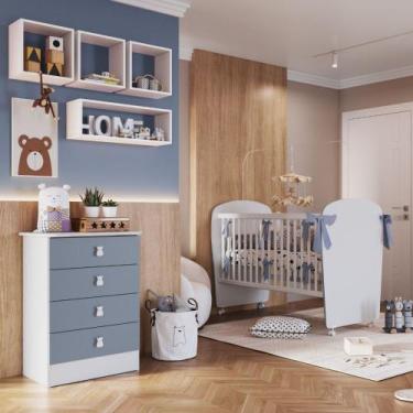 Imagem de Quarto de Bebê Berço e Cômoda 4 Gavetas Tedy Percasa, Branco com Azul