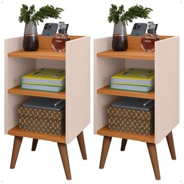 Imagem de Criadomudo para Quarto, Kit 2 Mesas de Cabeceira, Retrô, Funcionais com Nicho, Porta Celular E Pés Palito(KIT OFF CINAMOMO)