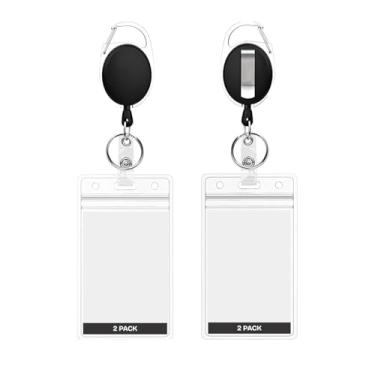 Imagem de Pacote com 2 porta-crachás de identificação com clipe e chaveiro – Manga transparente vertical de 6,3 cm x 9 cm, cordão retrátil - carretel preto (preto vertical)