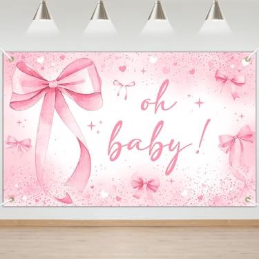 Imagem de Faixa de fundo Bow Baby Shower Oh Baby Bow Decorações de chá de bebê Coquete Fundo de fotografia para bebê recém-nascido laço Faixa revelação de gênero (rosa)
