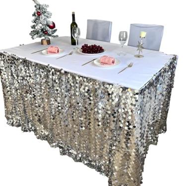 Imagem de Saia de mesa grande de lantejoulas para aniversário, Natal, capina, festa em casa, requintada, com babados, saias de mesa prateadas para mesas retangulares de 1,8 m