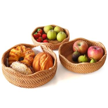 Imagem de Conjunto de 3 cestas de pão de vime, tigelas redondas de tecido, porta-chaves de vime natural, empilháveis para organizar balcão de cozinha, cestas decorativas para lanches, frutas, vegetais