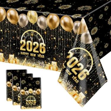 Imagem de MEHOFOND 3 peças de toalhas de mesa descartáveis de ano novo, grande, 278 x 137 cm preto e dourado 2026 decorações de ano novo, capa de mesa retangular de champanhe Cheer to 2026, artigos para festas