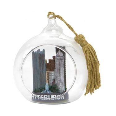 Imagem de Enfeite de Natal de vidro do horizonte de Pittsburgh, bola aberta transparente com cena da cidade, cabide de corda dourada, 7,8 x 6,5 cm, decoração de árvore de férias
