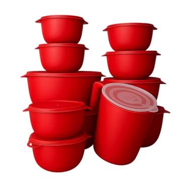 Imagem de Kit 10 Bowl Potes + Jarra 1,8L Cozinha Saladeira Pote Marmitas Plástico (Vermelho)