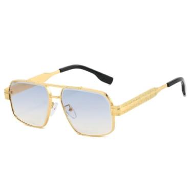 Imagem de HCHES Óculos de Sol Femininos com Ponte Dupla e Lentes Degradê, Armação Luxuosa com Detalhes Esculpidos, Proteção UV400 (Azul Dourado)