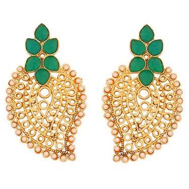 Imagem de Brincos de joia com design paisley com pérolas falsas de madeira de bollywood indiana Touchstone em tom dourado antigo Verde