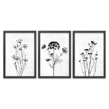 Imagem de TQianJiang Decoração de parede de planta de flor 40,6 cm x 28 cm pintura botânica preto e branco conjunto de 3 quartos escritório abstrato flores silvestres arte pendurada (preto)