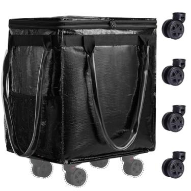 Imagem de Fanwoli Bolsa de compras reutilizável sobre rodas, rodas de estabilidade aprimorada e alça estendida | Resistente à água e dobrável | Sacola com zíper ideal para compras, piquenique, viagem, carrega