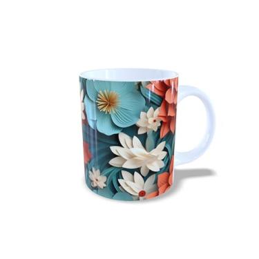 Imagem de Caneca de Cerâmica com Estampa Floral 3D, Branca, 325ml, Design Moderno com Flores Coloridas (14128)