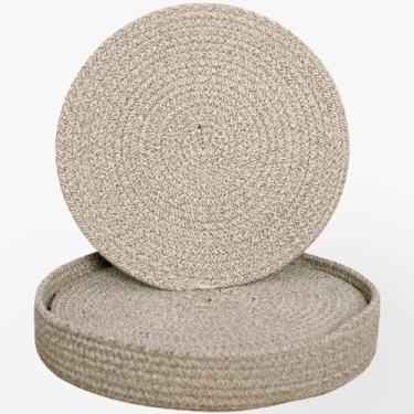 Imagem de Jogo americano redondo conjunto de 6 com cesta, tapetes de mesa de tecido de algodão de 33 cm, antiderrapante, resistente ao calor, carregadores de jantar laváveis, almofadas quentes de cozinha