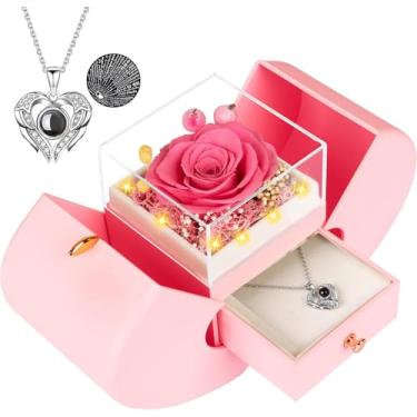 Imagem de moshen Caixa de presente rosa preservada com luzes LED, arranjo floral vermelho, estojo de exibição de joias românticas para o dia dos namorados, aniversário, aniversário (rosa)