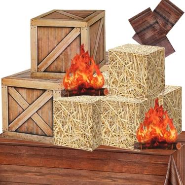 Imagem de AlloCavi Conjunto de 13 peças de decorações de festa caubói ocidental, toalha de mesa de madeira, fardos de feno falso falso, caixas de feno de fazenda, adereços de chamas para ação de amigos, cabine