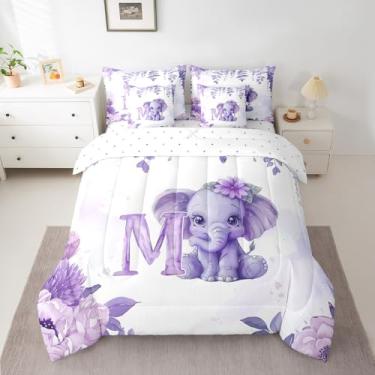 Imagem de jejeloiu Conjunto de edredom infantil fofo de elefante com lençóis, tamanho solteiro, presente personalizado, 7 peças, letra M, cama em um saco, estampa floral de plantas para todas as estações, letra