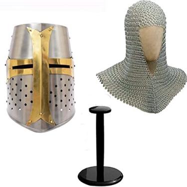 Imagem de Medieval Armour Réplica de capacete cruzado + cota de malha de alumínio Coif V-Neck + suporte de capacete de madeira armadura medieval