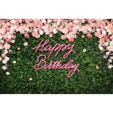 Imagem de FUWOOD Pano de fundo de feliz aniversário, estampa de letreiro neon, rosa, floral, verde, parede, fundo de festa de aniversário para mulheres, meninas, decoração de aniversário de parede rosa, cenário