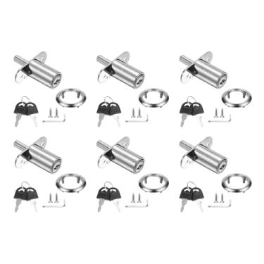 Imagem de PATIKIL Trava de êmbolo de mesa com gaveta, 6 peças de diâmetro do cilindro de 2-1/40.6 cm de comprimento do cilindro de liga de zinco com chave de fenda cruzada para gavetas de guarda-roupa, prata