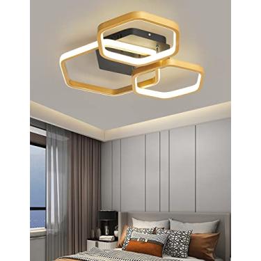 Imagem de Luminária de teto LED moderna e regulável, em alumínio, com controle remoto, ideal para sala de estar, hall de entrada, quarto e mesa de jantar (3 lâmpadas de 52W, dourada).