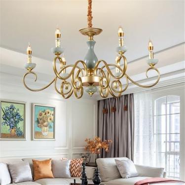 Imagem de Lustre de cerâmica europeu com velas e LED, estilo retrô americano, para sala de estar, restaurante, quarto, escritório, casa de campo, hotel ou café (G 6 lâmpadas)