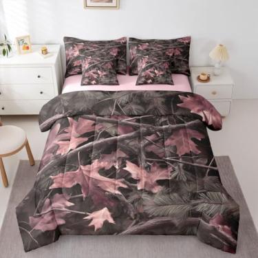 Imagem de Erosebridal Conjunto de cama de 7 peças, conjunto de edredom com folhas de bordo e folhas de bordo com tema camuflado de caça selvagem em uma bolsa, casa de fazenda botânica, rosa rústico, para
