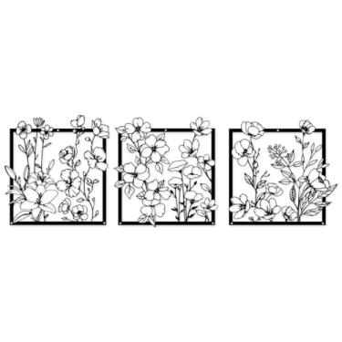 Imagem de Vineland Arte de parede floral de metal, 30 x 30 cm, conjunto de 3, decoração floral minimalista preta para sala de estar, banheiro, quarto, presentes de inauguração de casa