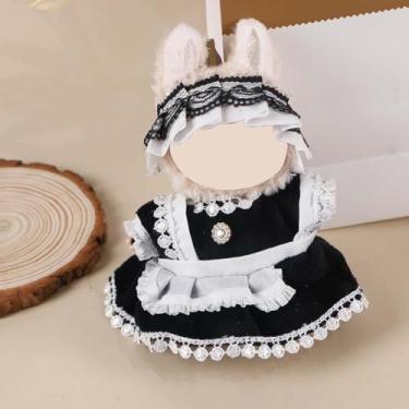 Imagem de Compatível com Labubu (sem boneca) - Conjunto de empregada estilo Lolita de veludo preto (vestido com acabamento + gorro de strass), roupa de boneca de 15 cm/17 cm (preto)