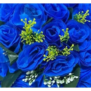Imagem de Buquê de rosas com folhagem - Arranjo Floral Decorativo para Mesa, Sala de Estar, Eventos e Presentes - Beleza Eterna e Realista(Azul,3 Unidade)