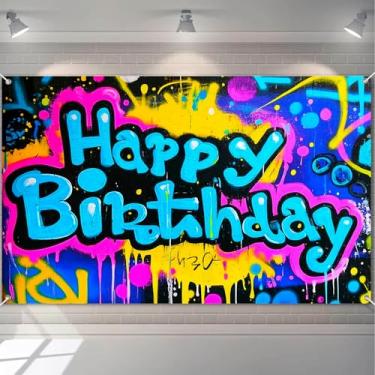 Imagem de HOMETITUTE Colorful Graffiti Birthday Banner for Party Decorations Background Happy Birthday Sign for Indoor Outdoor Events and Photoshoots Large Bright Wall Banners Decoration 71x43 Inch