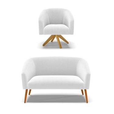 Imagem de Kit 1 Sofá Namoradeira E 1 Poltrona Stella Bouclê Base De Madeira Ma30 - D'rossi Cor Off White