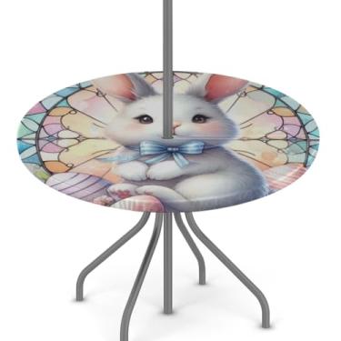Imagem de hongjinglin Toalha de mesa de Páscoa para uso ao ar livre com orifício para guarda-chuva, toalha de mesa redonda elástica com zíper, impermeável, limpável, para piquenique, festa, pátio, serve para