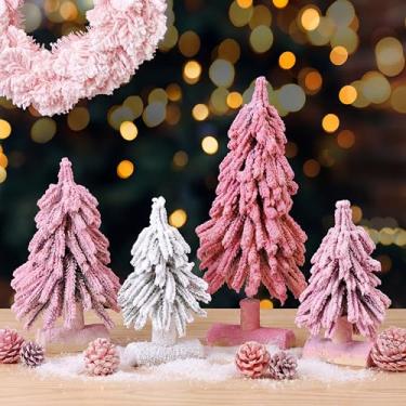 Imagem de Soulchen 4 peças de mini árvore de mesa de Natal, rosa, branca, mini pinheiros de mesa flocados com base de madeira, decoração de mesa artificial de Natal para decoração de mesa de Natal, festas de