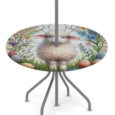 Imagem de hongjinglin Toalha de mesa de Páscoa para uso ao ar livre com orifício para guarda-chuva, toalha de mesa redonda elástica com zíper, impermeável, limpável, para piquenique, festa, pátio, serve para