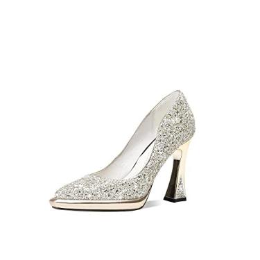 Imagem de TinaCus Sapato feminino sexy de bico fino brilhante feito à mão com salto alto e plataforma, Dourado, 38